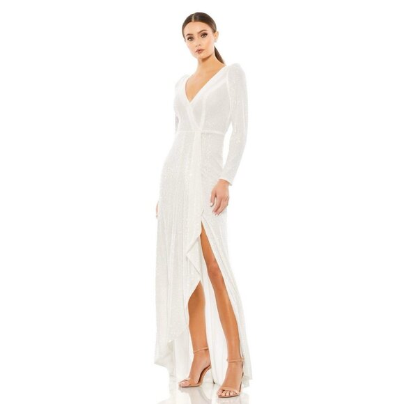 Mac Duggal Size 10 White LONG SLEEVE V NECK  SEQUINED Formal GOWN Dress Wedding - Picture 1 of 10
